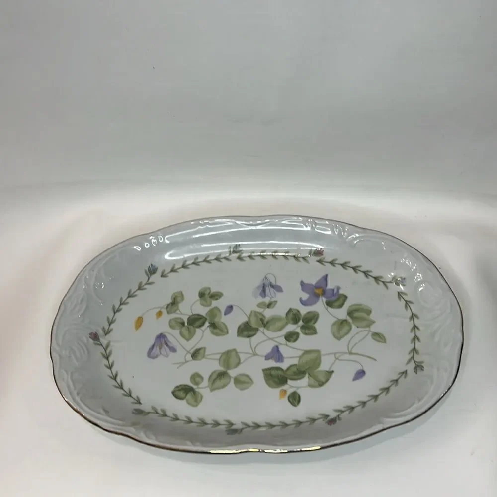 Tienshan Fine China Oval 13 X 9 Inches Serving Storing Platter White Green Purpl